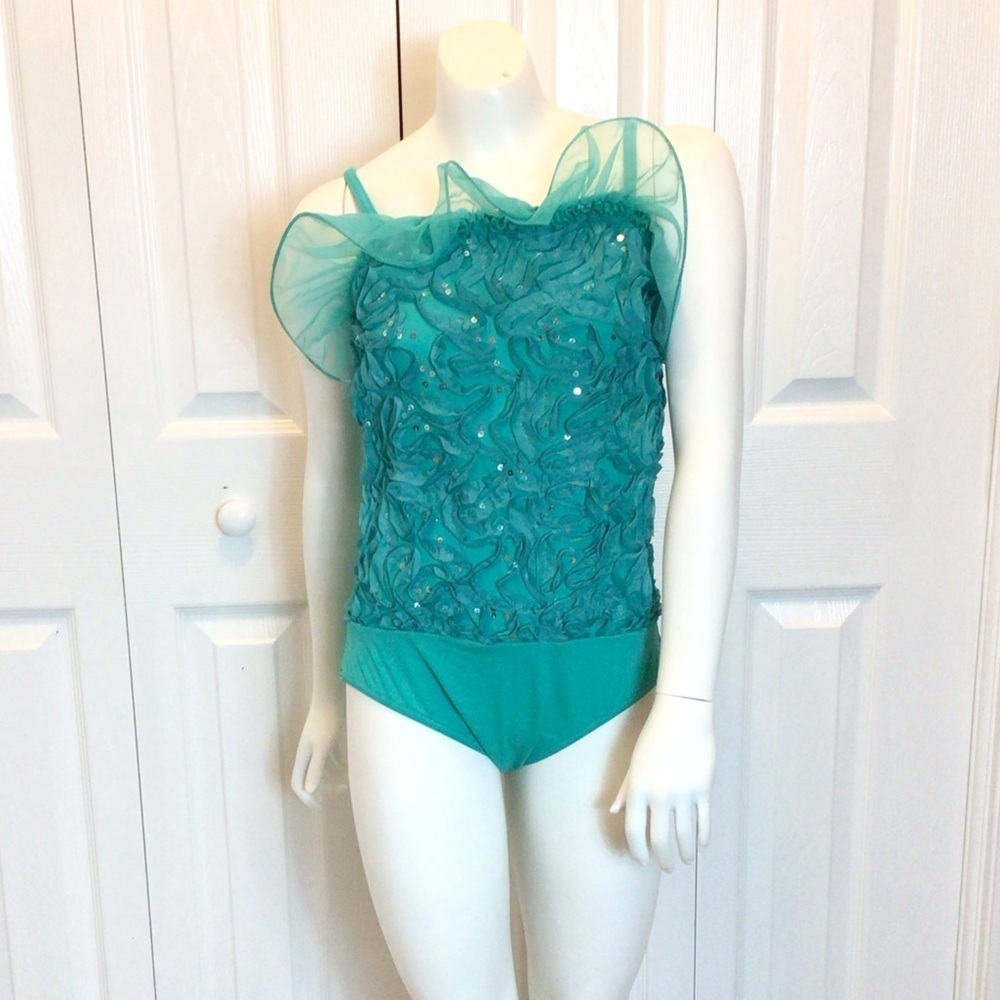 NWOT Weissman Teal Green Ruffled Sequin Dance Leotard Size Adult Medium